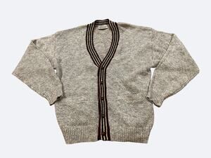 Vintage 90s Gray Knit Grandpa Cardigan Sweater XL Striped Trim -